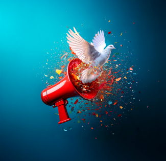 Ein Megaphon schreit eine Friedenstaube heraus